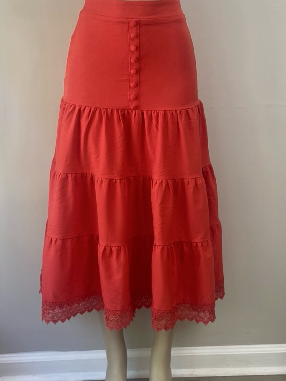 Tiered Midi Skirt with Covered Buttons and Lace Hem in Coral Red